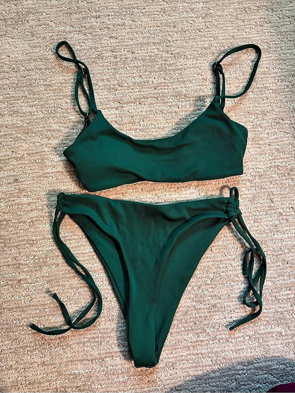 Ribbed String Bikini with High Waisted Bottoms in stunning Evergreen size small
